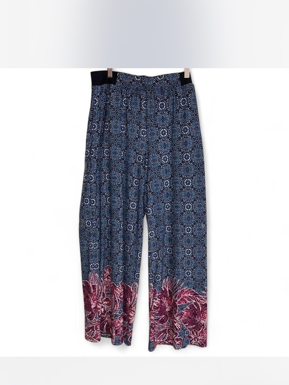 Ruby Rd. Blue Printed Wide Leg Pants with Pink Border